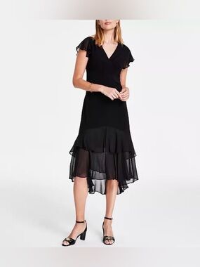 Tommy Hilfiger Women's V-Neck Chiffon-Trim Midi Dress with Flutter Sleeves 18W